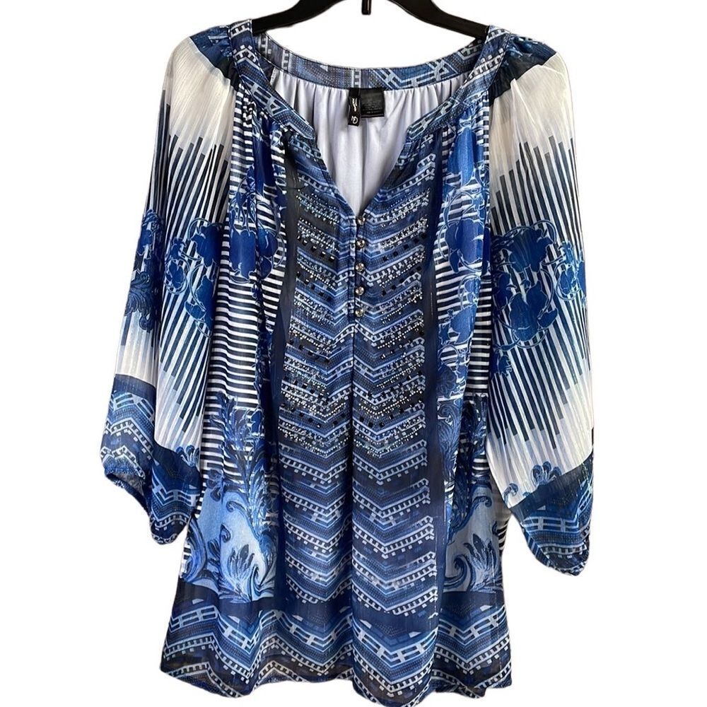 New Directions Womens Dress Blouse, Size 2X, Blue Shades